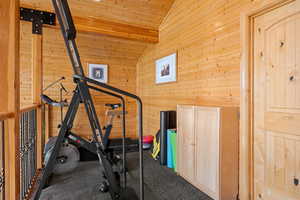 Exercise area with wood walls and wooden ceiling