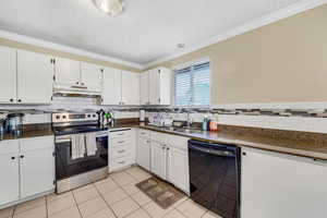 Kitchen featuring electric stove, a textured ceiling, crown molding, black dishwasher, and white cabinetry