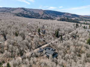 Bird's eye view of mountains and a heavily wooded area