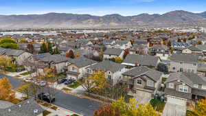 Aerial view of residential area with mountains