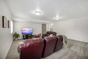 Cinema room featuring carpet flooring and baseboards
