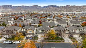 Aerial perspective of suburban area with mountains