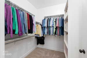 Walk in closet with light colored carpet