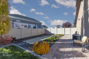 Fenced backyard featuring a patio area