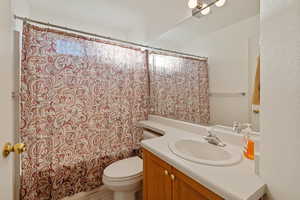 Bathroom featuring vanity and a shower with shower curtain