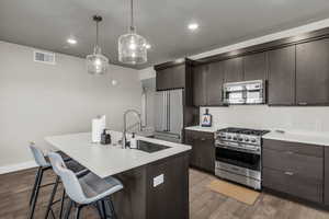 Kitchen with high end appliances, modern cabinets, light wood finished floors, dark brown cabinetry, and a center island with sink