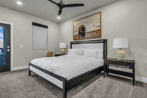 Bedroom featuring access to outside, carpet, ceiling fan, and recessed lighting
