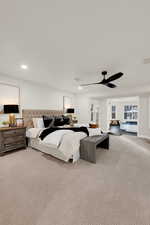 Bedroom featuring carpet flooring, a ceiling fan, and recessed lighting