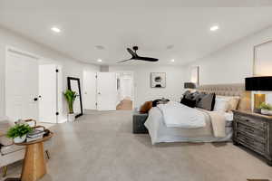 Bedroom featuring carpet, recessed lighting, and a ceiling fan