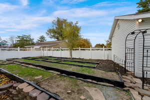 Fenced backyard with a garden