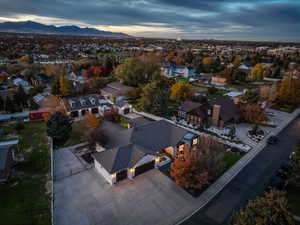 Aerial view of residential area featuring mountains