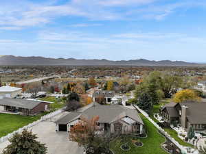 Aerial view of residential area with mountains