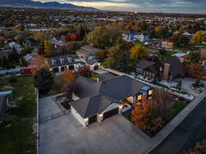 Aerial view at dusk of a mountain view and a residential view