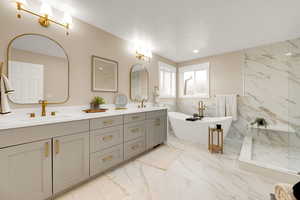 Full bathroom with light marble finish flooring, double vanity, a freestanding bath, tile walls, and a marble finish shower