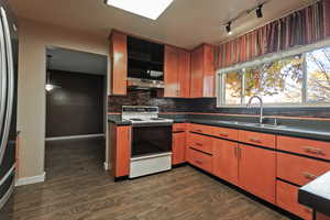Kitchen with electric stove, decorative backsplash, rail lighting, dark wood finished floors, and freestanding refrigerator