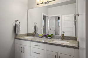 Full bath featuring double vanity and toilet