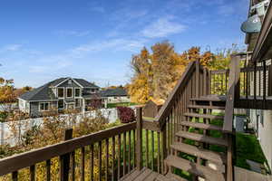 Deck with stairs and a fenced backyard