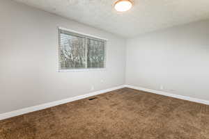 Unfurnished room featuring a textured ceiling and carpet floors