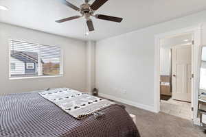 Master Bedroom with carpet floors, recessed lighting, a ceiling fan, and tile patterned floors