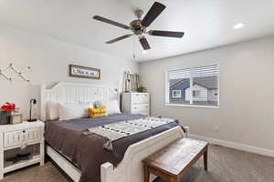 Master Bedroom with carpet floors, a ceiling fan, and recessed lighting
