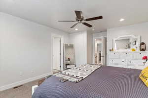 Master bedroom with recessed lighting and ceiling fan