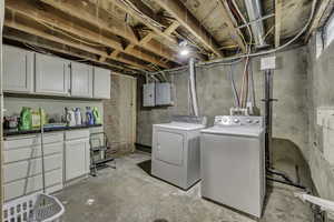 Washroom with unfinished concrete flooring, washer and clothes dryer, and electric panel
