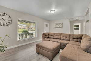 Living room featuring wood finished floors and a textured ceiling