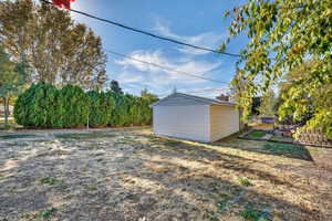 View of green lawn featuring a vegetable garden and an outbuilding