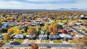 Aerial view of residential area with mountains