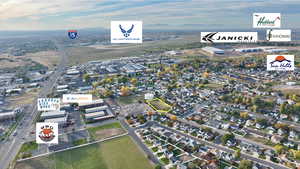 Aerial perspective of suburban area with mountains