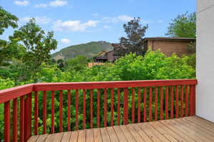 Wooden deck featuring a mountain view