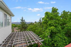 View of yard featuring view of scattered trees and stairway
