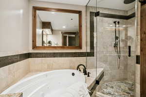 Bathroom with a tub with jets and a stall shower