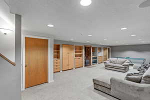 Large living room area located downstairs. The door on the left leads into a large storage area.