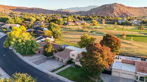 Aerial view of residential area with mountains