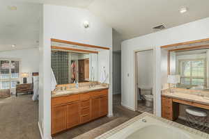 Primary bathroom sink, makeup, and enclosed toilet area.