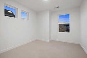 Carpeted spare room with baseboards