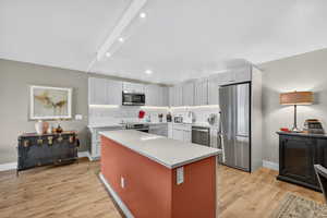 Kitchen with appliances with stainless steel finishes, recessed lighting, decorative backsplash, light wood-style floors, and a center island