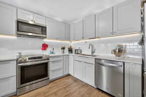 Kitchen featuring stainless steel appliances, light stone counters, light wood-type flooring, and backsplash