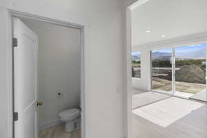 Bathroom featuring recessed lighting, a mountain view, and light wood finished floors