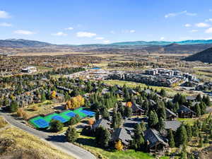 Aerial perspective of suburban area featuring a mountainous background