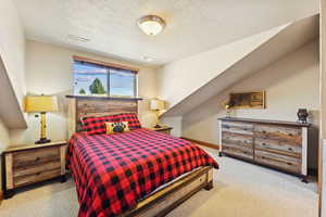 Bedroom featuring light carpet and a textured ceiling