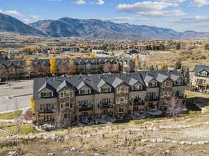Aerial view of residential area with a mountainous background