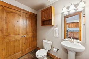Bathroom with toilet and dark tile patterned flooring