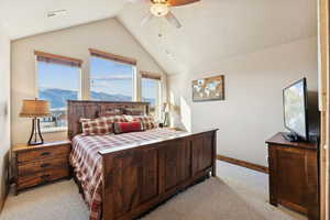 Bedroom featuring light carpet, lofted ceiling, a ceiling fan, and a textured ceiling