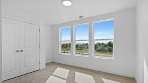 Unfurnished bedroom featuring light colored carpet and a closet