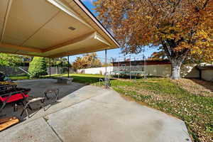 Fenced backyard featuring a trampoline and a patio