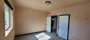 Unfurnished bedroom with a textured wall, a textured ceiling, and carpet floors