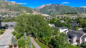 Aerial view of property's location with a mountainous background and nearby suburban area