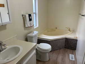 Bathroom featuring dark wood-style flooring, a bath, and vanity